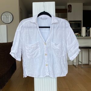 Zara White Linen Short Sleeve Button-up
